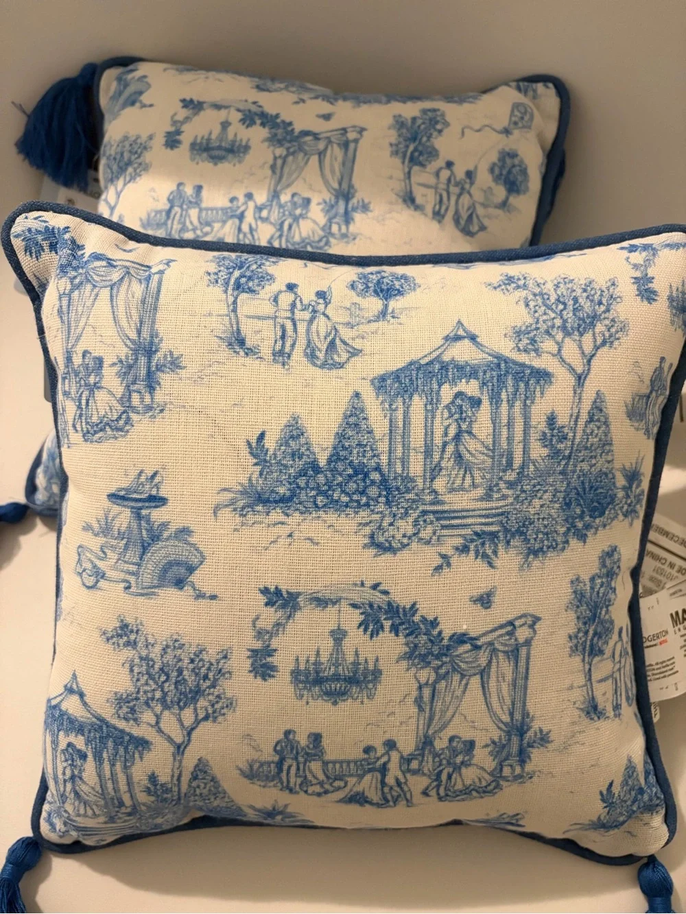 Set of 2 Blue Toile Tassel Throw Pillows 10 x 10 -